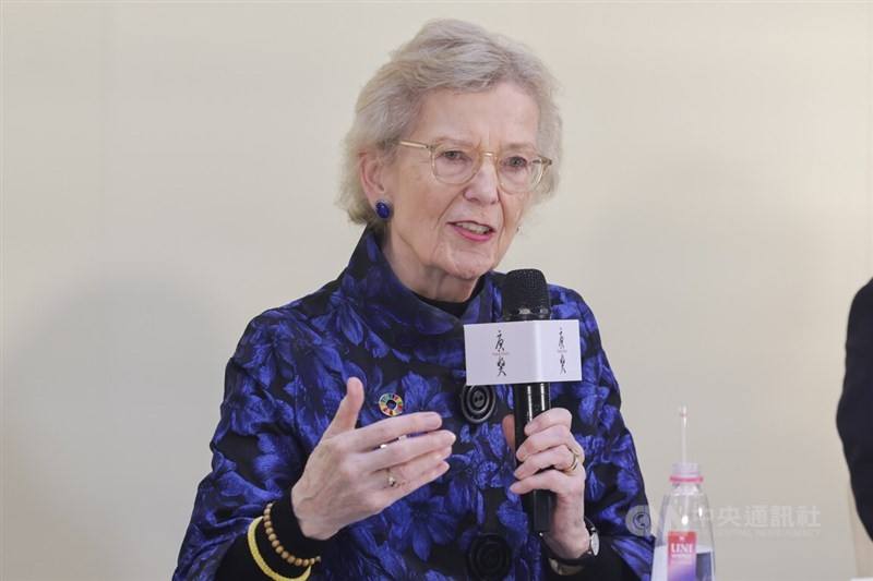 Former President of Ireland Mary Robinson speaks with the press after delivering her Tang Prize in Rule of Law lecture on Saturday. CNA photo Sept. 28, 2024