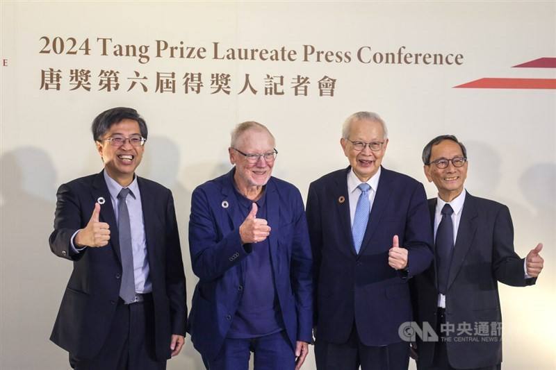 University of Copenhagen professor Jens Juul Holst pose with Tang Prize and Academia Sinica officials after delivering his Tang Prize in Biopharmaceutical Science lecture on Saturday. CNA photo Sept. 28, 2024