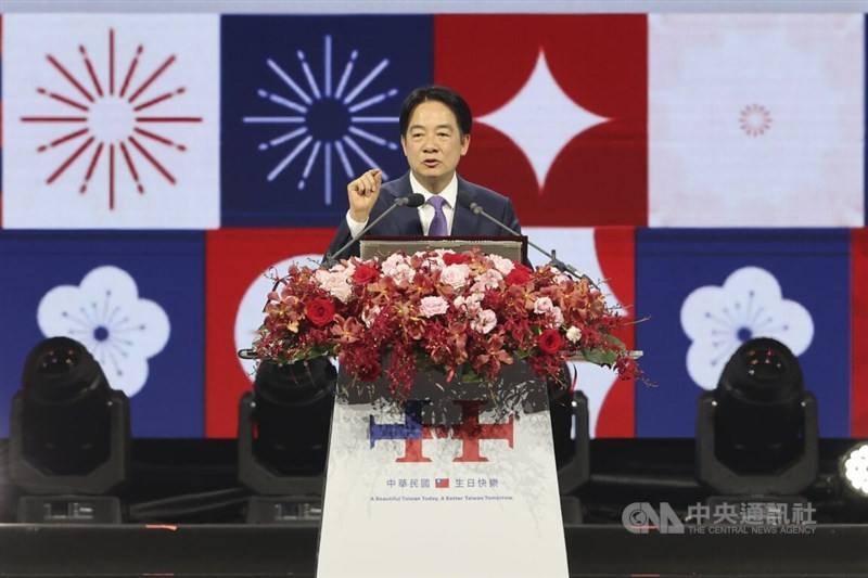 President Lai Ching-te delivers his speech during a National Day celebration event held at the Taipei Dome Saturday. CNA photo Oct. 5, 2024