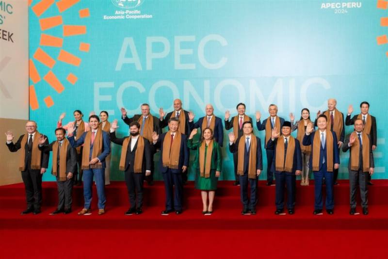 2024亞太經濟合作會議（APEC）年會台灣領袖代表林信義（後排右4）與其他經濟體領袖代表合影。（APEC台灣代表團提供）