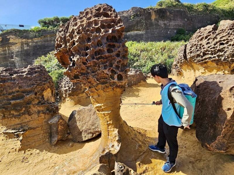 台北科技大學資源工程研究所團隊研發「仿自然成因砂岩強化技術」，針對野柳地質公園的特定蕈狀岩進行循環補強，希望最大限度維持自然景觀的原貌。（北科大提供）