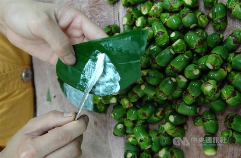 Slaked lime is smeared on a betel leaf, which is used to wrap betel nuts in this CNA file photo.