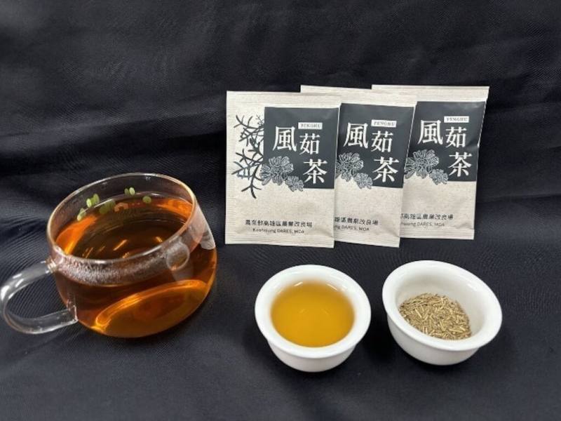 為讓澎湖特有風茹茶更具發展性，高雄區農改場3日表示，目前除已推出採用蒸菁技術製成的淡雅口味、還有廠商開發出複方菊花及黑糖口味，增添產品多元性。（高雄區農改場提供）