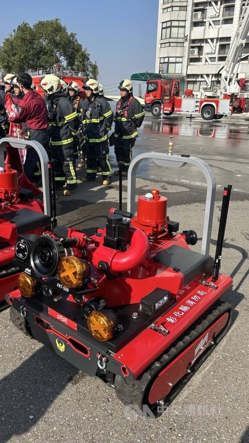 Changhua firefighters present robot assistants that could help them fire fires at a press event on Jan. 7. CNA photo Jan. 7, 2025