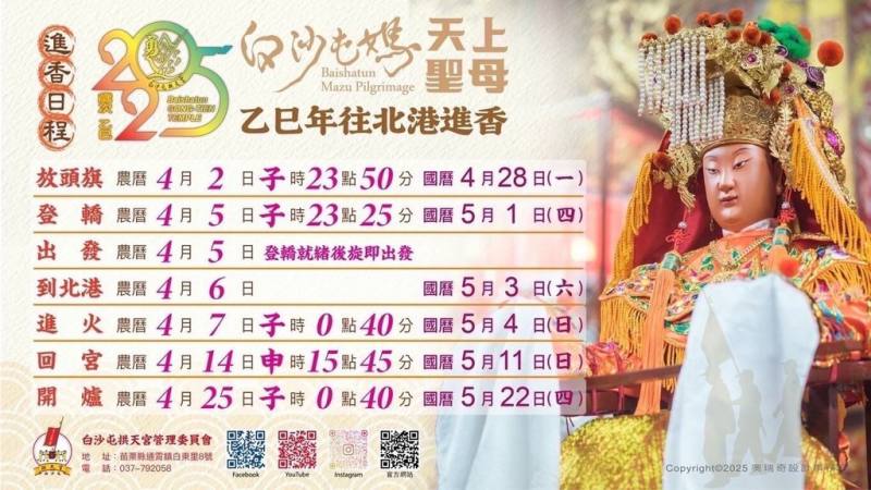 苗栗縣通霄鎮白沙屯拱天宮媽祖徒步往北港進香，將於5月1日深夜登轎就緒後出發，5月4日到北港，5月11日回宮適逢母親節。（拱天宮提供）