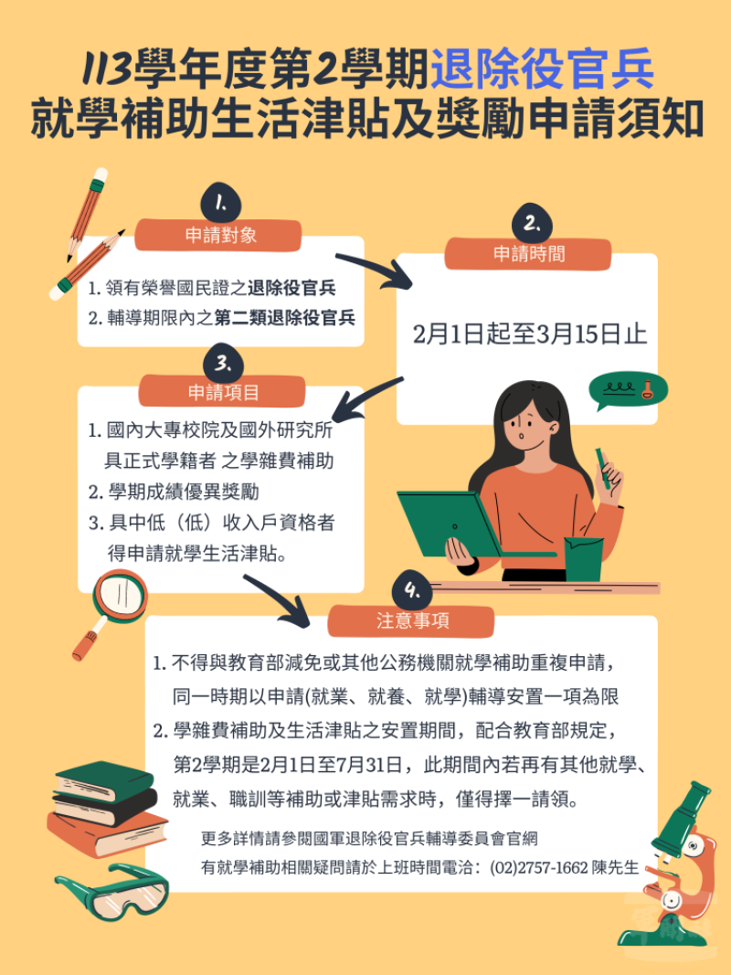 退除役官兵113年度第2學期就學補助受理至3月15日截止。（擷自輔導會網站）