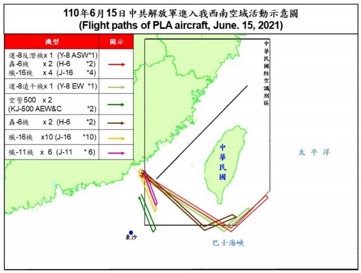 空軍15日發布共機動態，28架共機侵擾台灣西南防空識別區。(圖：國防部)