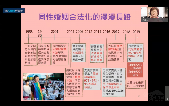 主講人尤美女律師（右上）是民進黨第八屆、第九屆全國不分區立法委員，也是臺灣同婚合法化領軍人物