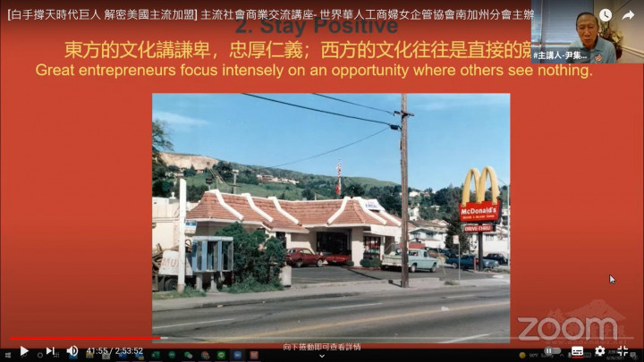 世華南加分會舉辦「白手撐天時代巨人 解密美國主流加盟」視訊講座-尹集成分享如何克服東西文化差異