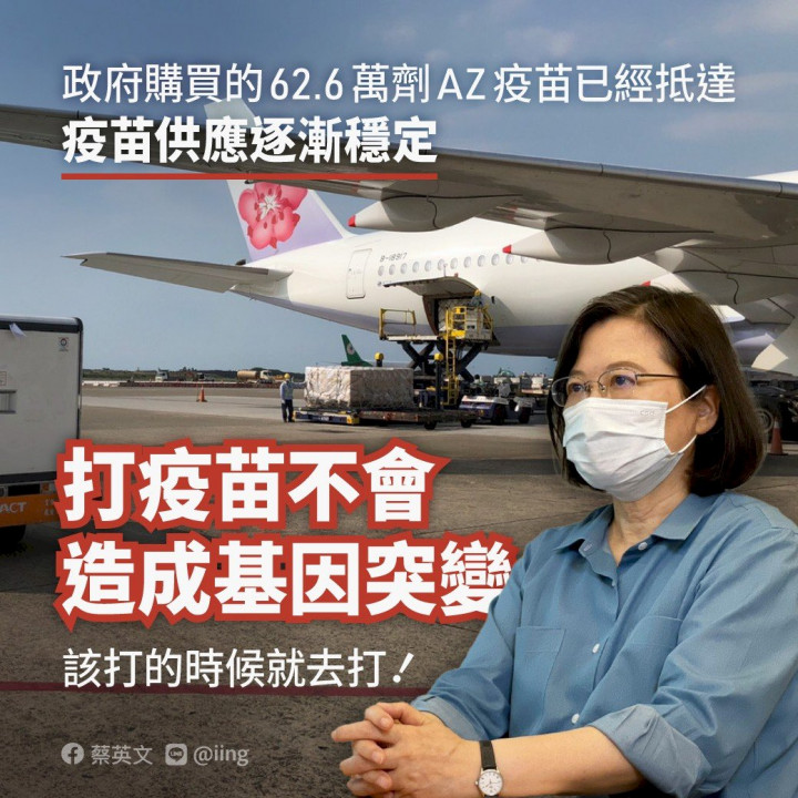 蔡英文總統7日在臉書貼文表示，最新一批政府購買的62.6萬劑AZ疫苗已在今天下午抵達台灣，隨著疫苗的供應逐漸穩定，現在各縣市都在全力施打疫苗