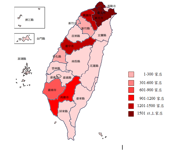 各縣市營業據點分布情形，以新北市2,311家店最多，其次依序為臺北市