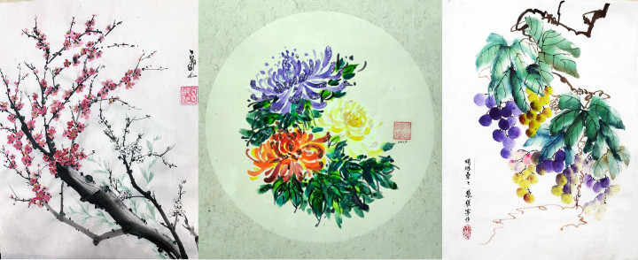 國畫班學員呂邵仁、李偉有及張維寧的「梅開五福」、「東籬佳色」和「明珠纍纍」等作品。