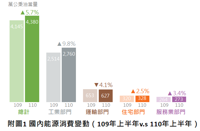 國內能源消費變動（109年上半年v.s 110年上半年）
