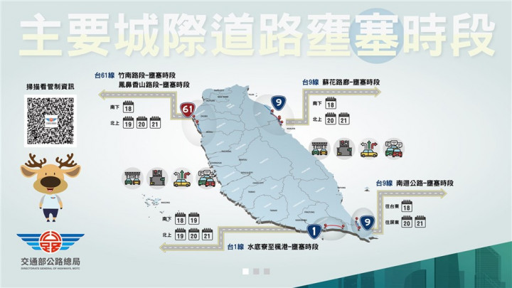 中秋連假主要城際道路易壅塞時段。（圖取自公路總局網頁thb.gov.tw）