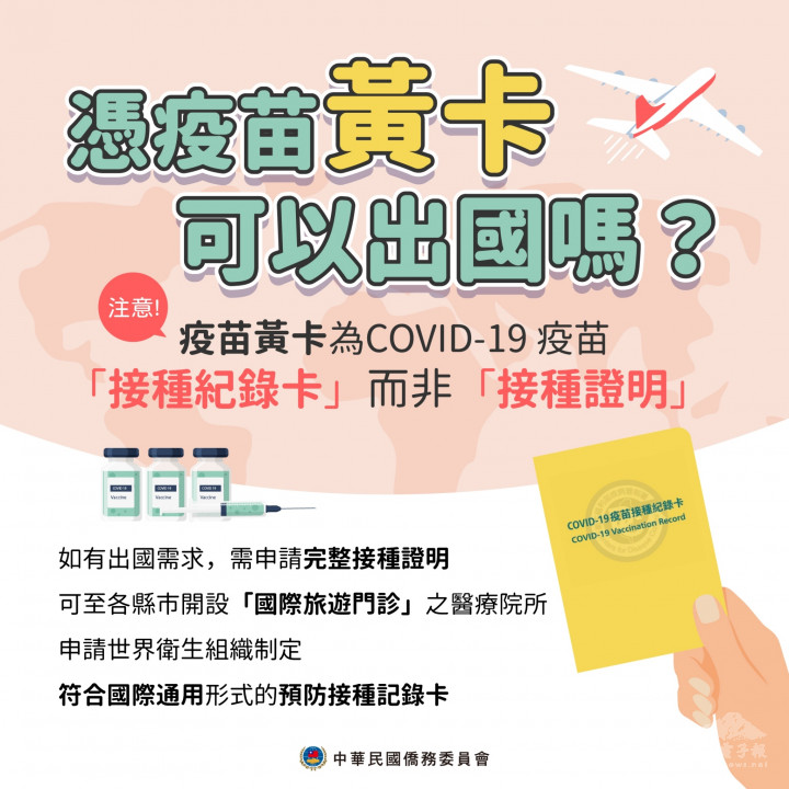 僑委會提醒民眾可到各縣市有開設國際旅遊門診的醫療院所申請符合國際通用形式的預防接種記錄卡