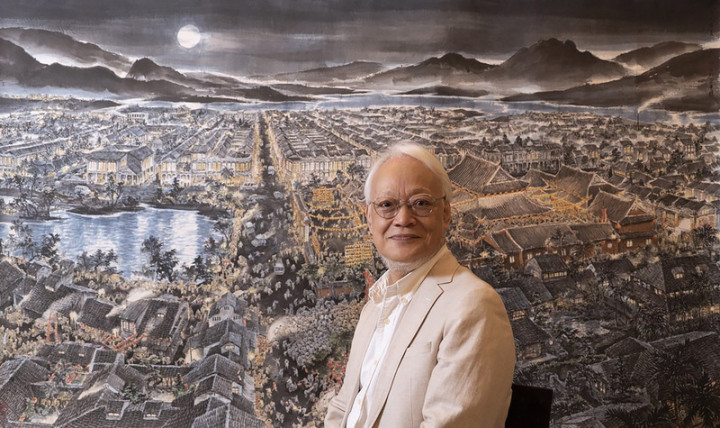 作家劉墉以童年記憶繪製畫作「龍山寺慶元宵」，呈現台北人早期生活樣貌，擅長說故事的他更將畫作延伸為影音圖文書「當時明月」，親自錄製影音，藉由淺白易懂的文字，娓娓道來每一位畫中小人物的故事。（長歌藝術傳播提供）