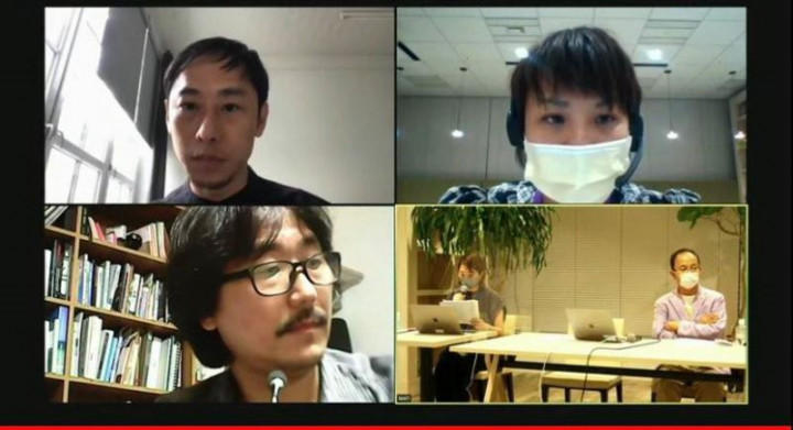 本次講座邀請豪華朗機工陳志建（左上）及涂維政（左下）與策展人北川富朗（右下）連線，分享疫情下的跨國參展歷程與交流心得。