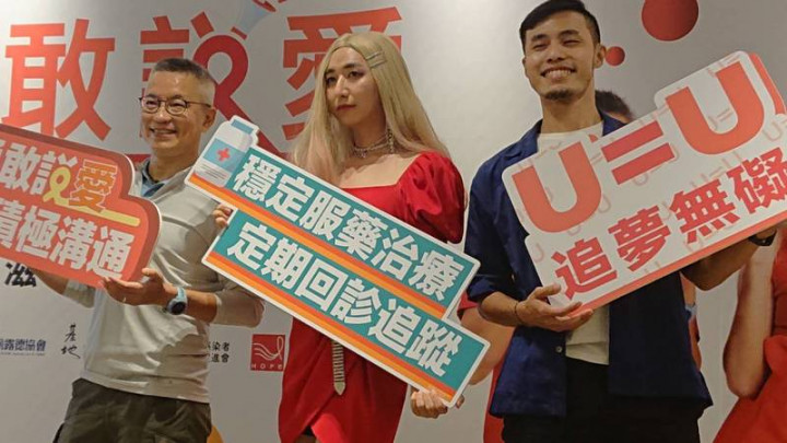台灣愛滋感染人口正面臨高齡趨勢，資深感染者光哥（左起）、女神下午茶、霖霖共同擔任年度愛滋衛教大使，攜手拍攝首支正向勵志的愛滋衛教短片。