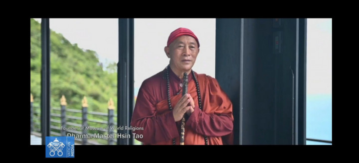 教宗邀集全球宗教領袖關注氣候變遷議題，台灣靈鷲山心道法師因疫情不克親自出席，以預錄短片方式參與。（截圖自會議線上直播）