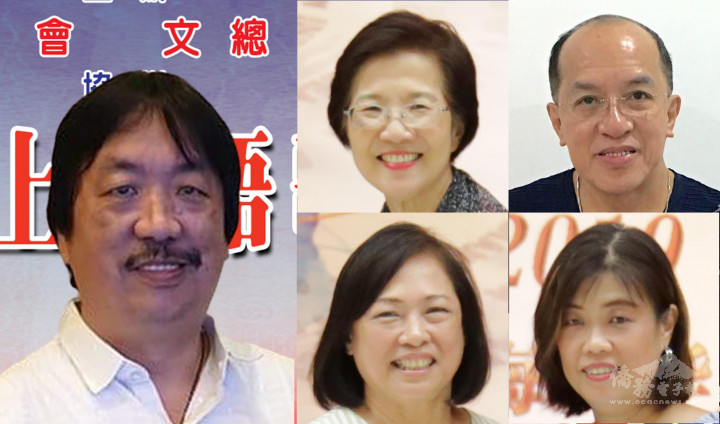 蔡懷強〈左〉向與會人士介紹柯美智〈中上〉、李永萬〈右上〉、柯美琪〈中下〉及顏欣欣〈右下〉等4位評審的學經歷