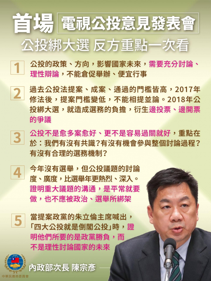 第19案主文：你是否同意公民投票案公告成立後半年內，若該期間內遇有全國性選舉時，在符合公民投票法規定之情形下，公民投票應與該選舉同日舉行？