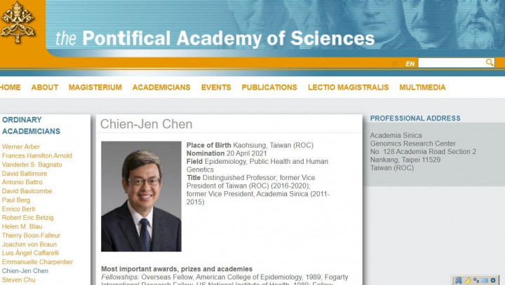 陳建仁今年7月底獲教宗正式任命為教廷宗座科學院院士，是繼中研院前院長李遠哲後，第2位來自台灣的院士。(圖取自教廷宗座科學院（Pontifical Academy of Sciences）官網)
