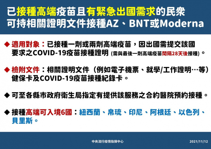 針對已接種高端疫苗且有緊急出國需求的民眾，指揮中心說明後續COVID-19疫苗接種建議
