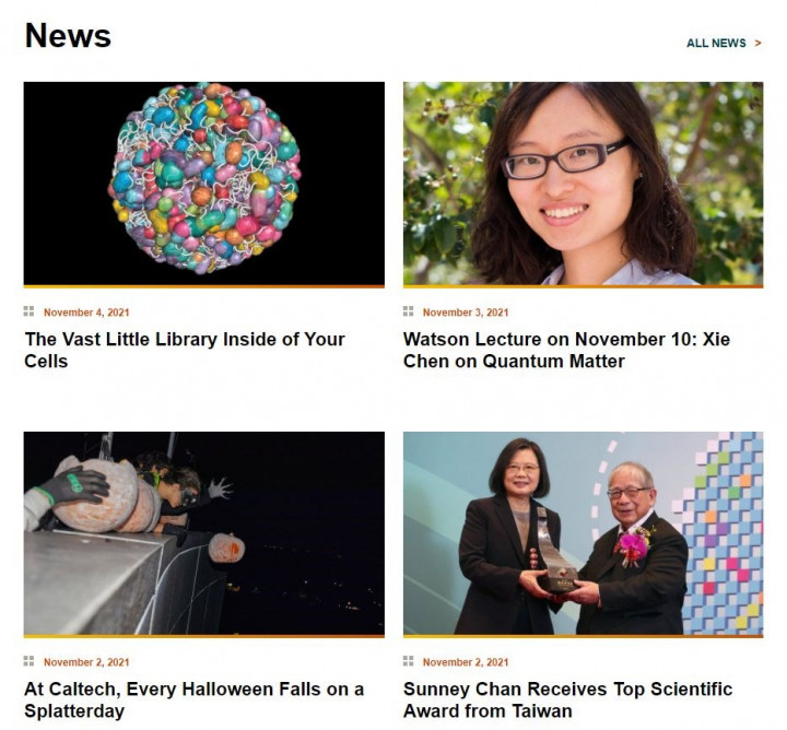 美國頂尖研究機構加州理工學院2日在網站首頁的新聞專區，刊登85歲的陳長謙與總統蔡英文合影。（圖取自加州理工學院網頁caltech.edu）