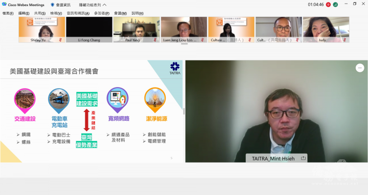 財團法人中華民國對外貿易發展協會專員謝明村向僑民說明美國基礎建設與臺灣合作的商機。
