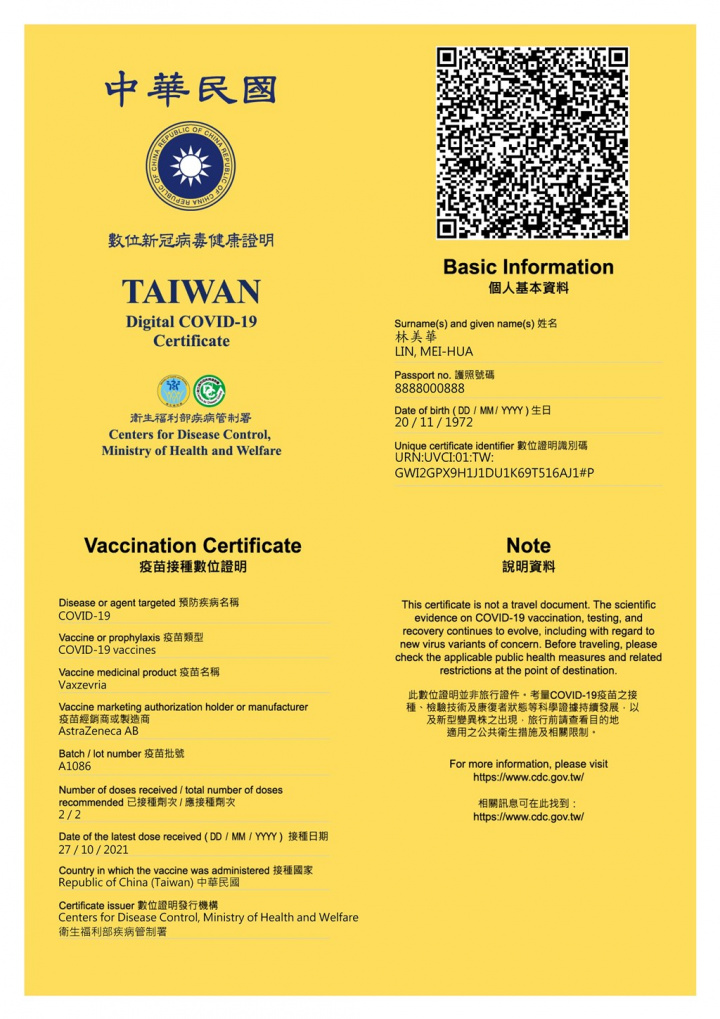 A sample of the COVID-19 digital certificate issued by Taiwan. Photo courtesy of CECC