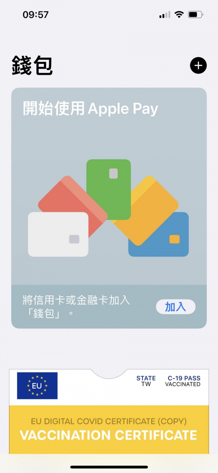 完成後，疫苗數位證明即會顯示於Apple Wallet主頁面。（中央社）
