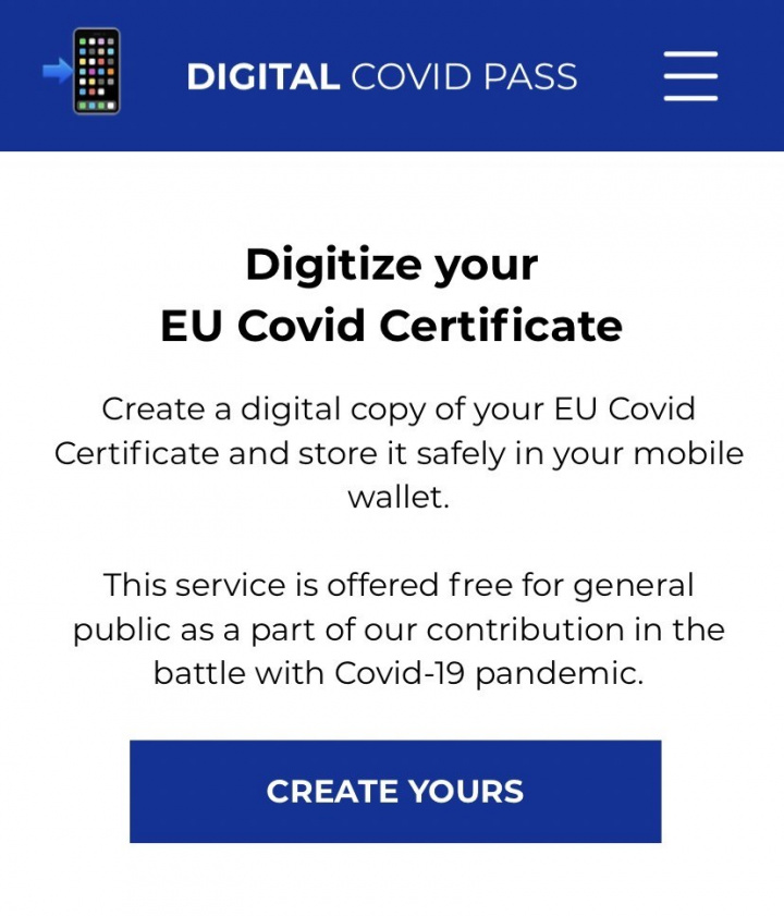 在DIGITAL Covid Pass網站上按下CREATE YOURS，掃描或上傳數位證明QR code。（圖取自DIGITAL Covid Pass網頁getcovidpass.eu）
