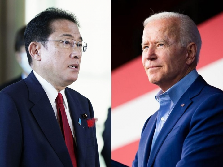 美國總統拜登（右）21日將與日本首相岸田文雄（左）視訊會晤，（左圖共同社，右圖取自facebook.com/joebiden）