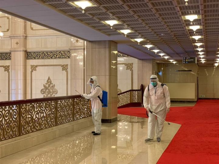 Workers disinfect an area in National Concert Hall Thursday. Photo courtesy of National Theater and Concert Hall