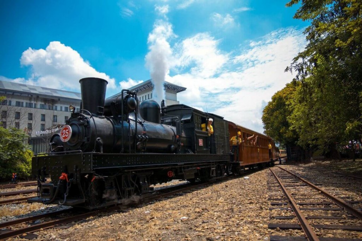 林務局阿里山林業鐵路及文化資產管理處在嘉義製材所辦理林鐵百年經典車輛特展，且在嘉義車庫園區陳列百年歷史的林鐵各式車輛，春節期間，遊客可搭乘檜木車廂列車觀賞。（嘉義林管處提供）