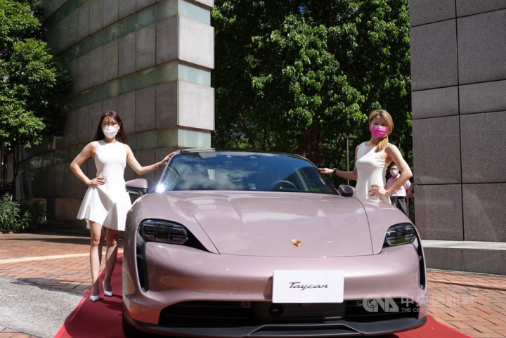 A Porsche Taycan electric sports car.