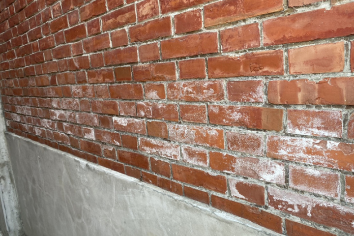 台南「隆田ChaCha文化資產教育園區」紅磚牆上有白色斑點，園區解釋是早期鹽倉建物「白華」結晶歷史痕跡。（台南市文資處提供）