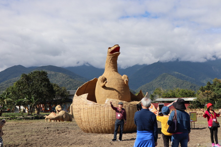 花蓮富里2022稻草藝術季登場，宛如用稻草打造的侏羅紀公園，其中高約1層樓半的破蛋恐龍作品生動有趣，吸引許多遊客爭相拍照。