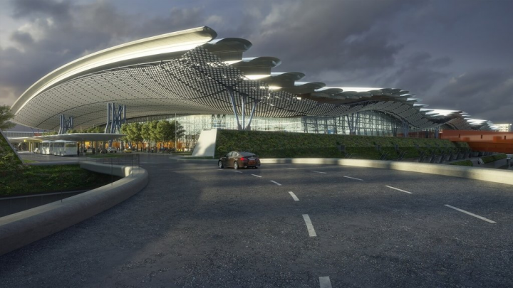 桃園國際機場第三航廈的曲面波浪屋頂，靈感來自台灣山陵線與雲海。（桃機公司提供）