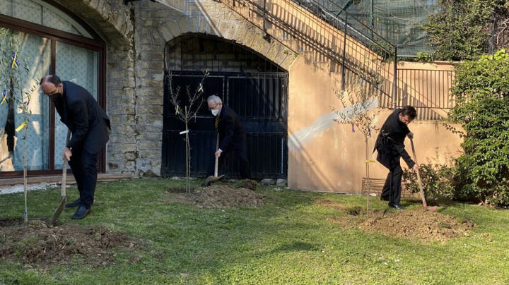 Taiwan's Ambassador to the Holy See Matthew Lee (李世明, center) plant olive tree saplings with Archbishop and Prelate Fabio Dal Cin (right), and Father Bernardino Giordano (left) last week. Photo courtesy of the Republic of China (Taiwan) Embassy to the Holy See