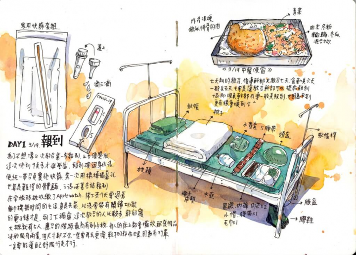 藝術家鄭開翔用圖文描繪參加教召時的餐點、寢室等內容，記錄重返軍中的心得與意義。（圖取自facebook.com/mimiblackman）