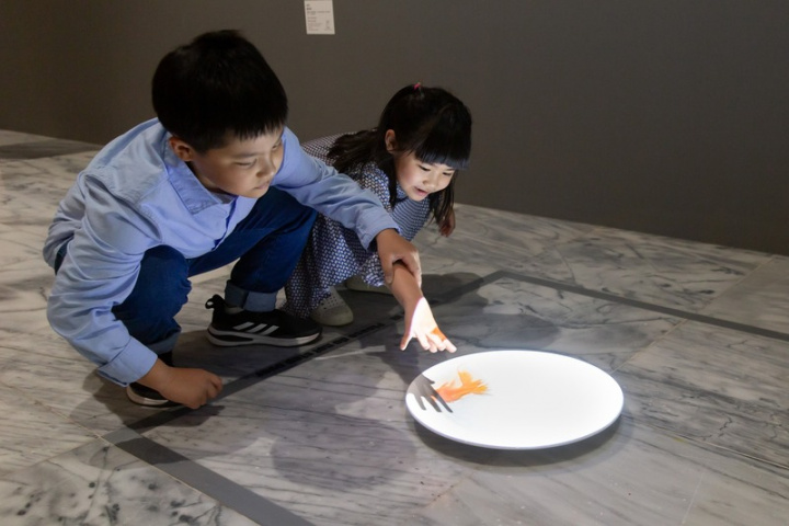 「百分百錯覺」教育計畫19日起將於台北市立美術館兒童藝術教育中心展出，新媒體藝術家袁廣鳴作品「盤中魚」，將1隻金魚投影在白色瓷盤上，虛擬的魚始終游不出瓷盤的邊界，展現影像與實物間的虛實交錯。（北美館提供）