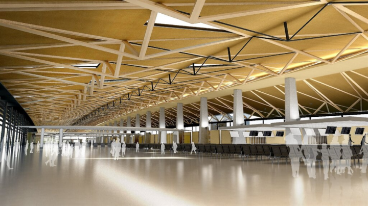 金門縣港務處14日表示，水頭商港旅客服務中心規畫為4層樓鋼構，總樓地板面積約3萬6000平方公尺，1樓為入境層，3樓為出境層，預定113年完工。圖為完工後模擬示意。（金門縣港務處提供）