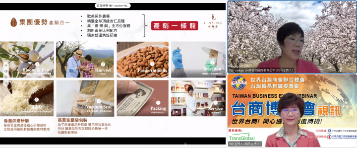董事長林銀杏(右上)介紹杏仁產銷過程，並期待與全球的夥伴合作，右下為臺灣貿易推廣委員會的陳婉玲