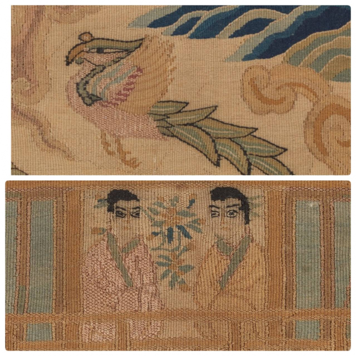 放大《宋緙絲 仙山樓閣》畫面，可見其中靈猴、彩鳳等動物花卉，細節生動，栩栩如生，充分展現該緙絲超高技藝。(故宮提供)