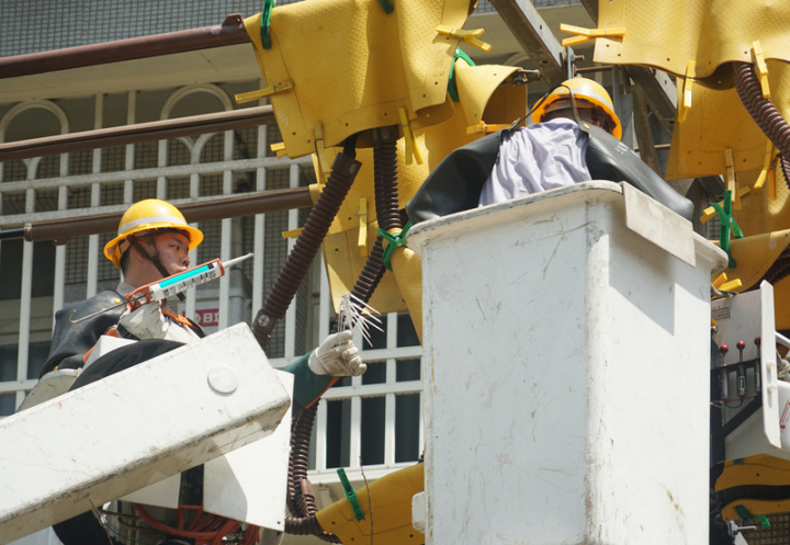 台北市日前因鳥巢引起高壓線路故障發生無預警停電，台電在高壓電桿加裝防鳥設施，降低鳥獸外物碰觸配電設備，為避免造成民眾不便，以不停電施工狀態，先做好絕緣包覆（黃色）。