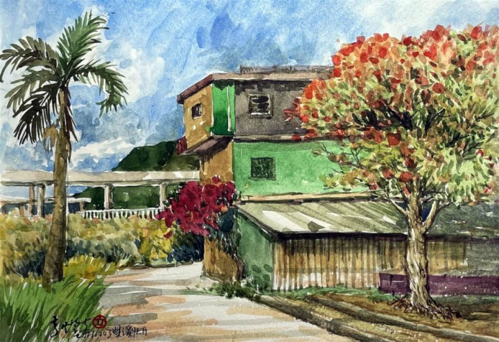 畫家高燈立表示，近期在在新北市碇泊美術館展出的雙北鄉村水彩寫生作品，都與煤礦聚落有關，包括產業道路、人文內涵、族群、聚落、地景歷史等，背後都有故事，盼透過畫作留下土地的人文歷史與大自然之美。圖為高燈立苗會的新北雙溪牡丹景色。（高燈立提供）
