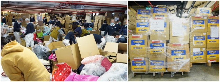 台灣慈濟志工協助外交部援烏物資打包，共計超過兩萬箱。