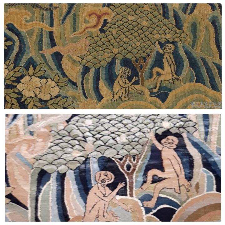 緙絲人家國寶黃蘭葉復刻重製《宋緙絲 仙山樓閣》一小局部，古今對比，希望讓民眾更了解緙絲之美。上為故宮院藏，下為黃蘭葉製。(故宮提供)