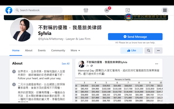 蔡璧徽經營的Facebook臉書專頁「不對稱的優雅，我是旅美律師Sylvia」，不定時分享最新法律新知。
